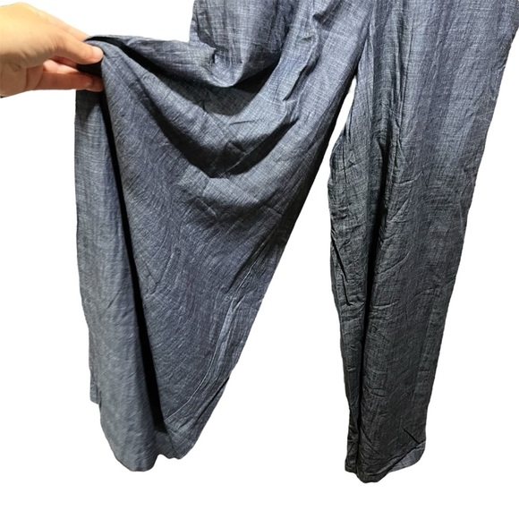 eShakti Blue Chambray Wide-Leg Pants with Dark Blue Waist Accents - Picture 3 of 14